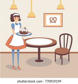 Flat bakery store interior with table, wooden chair and picture of pretzel on the wall. Smiling girl waitress holding sweet cake. Cartoon vector