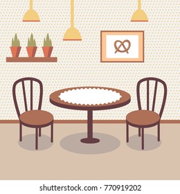 Flat bakery store interior with table covered with white cloth, two wooden chairs, potted plants and picture of pretzel on the wall. Cartoon vector