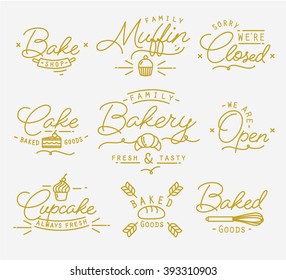 Flat bakery symbols in vintage style drawing with gold lines on white background