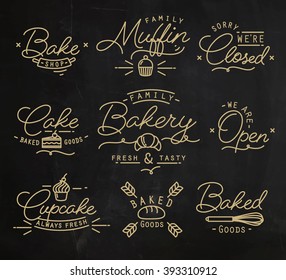 Flat bakery symbols in vintage style drawing with gold lines on chalkboard background