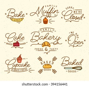 Flat bakery symbols in vintage style drawing with brown lines on beige background