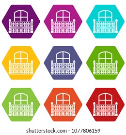 Flat balcony icons 9 set coloful isolated on white for web
