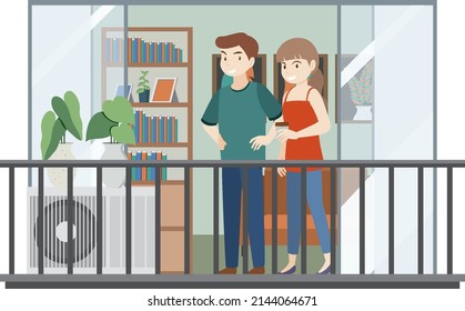 Flat balcony interior with people illustration