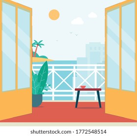 Balcón interior plano con vistas a la ciudad de verano y a la isla en los días soleados - puertas abiertas con vistas al acogedor balcón con plantas y mesa baja. Ilustración vectorial plana.