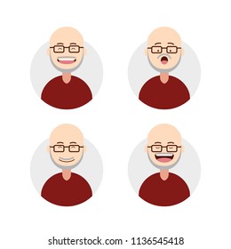 Flat bald old elder man male with grey beard and mustache expression avatar set