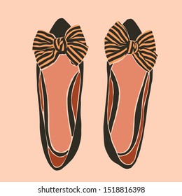 Flat Ballet Shoes With Striped Bows in a minimalist trendy style. Women's shoes in a contemporary simple style. Vector illustration collage. For t-Shirt Print, card, poster, social media post