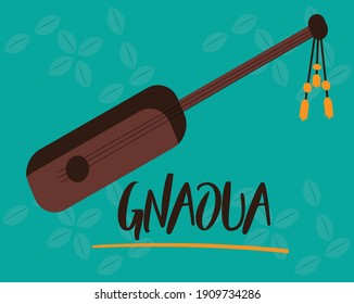 Flat banjo instrument for Moroccan music. Gnaoua card for Festival of Morocco. Minimalist spiritual, soul, fusion, and jazz music style background for Essaouira event. Minimal vector Illustration.