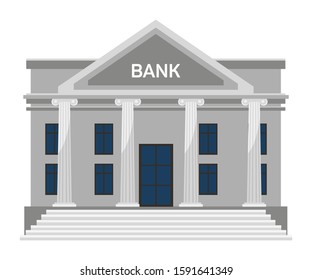 Flat bank building facade with columns, stairs, roof, windows and door isolated on white. Architecture front view. Governmental institution construction exterior. Vector cartoon illustration - Shutterstock ID 1591641349