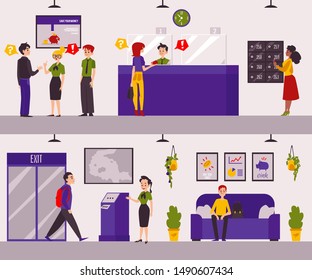 Flat bank office interior banner set - cartoon people inside banking building. Customer consulting, safe deposit box, reception lobby and money exchange counter - vector illustration