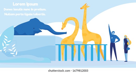 Flat Banner Advertising Exciting Zoo Excursion. Wild Animals Standing in Aviary behind Fence in Captivity. Male Guide Showing Elephant and Giraffes to Woman Visitor. Vector Cartoon Illustration