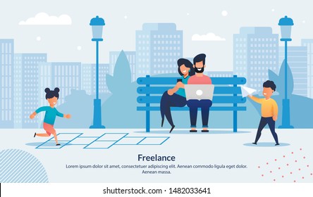 Flat Banner Advertising Freelance with Happy Family Spending Time in Park. Smiling Parents, Father and Mother Working via Laptop and Mobile Phone. Glad Kids Playing and Having Fun. Vector Illustration