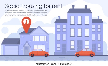 Flat Banner Advertising Social Housing for Rent. Online Search and Selection Apartment. Rental Market and Real Estate Agency. Commercial and Private Property. Investment in Realty. Vector Illustration