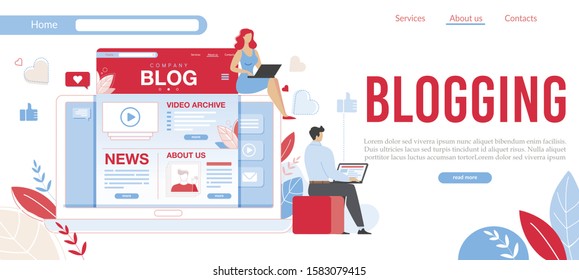 Flat Banner Advertising Successful Business Internet Blogging. Male and Female Blogger Characters Working on Laptop Developing Own Webpage. Blog Posting and Freelance. Vector Cartoon Illustration