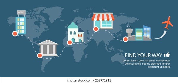 Flat banner.Map application ads. Tourist way with points. Eps10