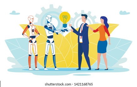 Flat Banner Artificial Intelligence Gives Idea. Poster Robots Brought Light Bulb to Humans. Man and Woman Enjoy Work and Workings Artificial Intelligence. Vector Illustration Cartoon.