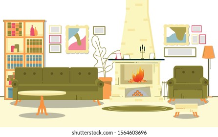 Flat Banner Beautiful Room Interior with Fireplace