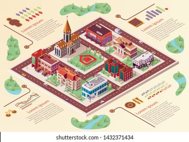 Flat Banner Big City Layout Infographics Cartoon. An Architectural Project And Top View Area City With Located Buildings. Developed Infrastructure Big City. Vector Illustration Isometric.