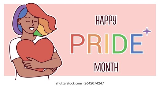 Flat banner with black skinned woman hugging red heart and rainbow hair, Happy Pride Month text in colorful LGBT style. copy space