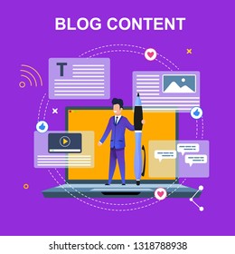 Flat Banner Blog Content Vector Illustration. Happy Young Man in Stylish Suit and Tie Holds Tall Big Pen on Background Laptop with Yellow Screen. Content Manager is Promising Profession.