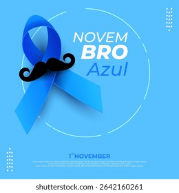 Flat banner blue november background with ribbon and mustache symbol