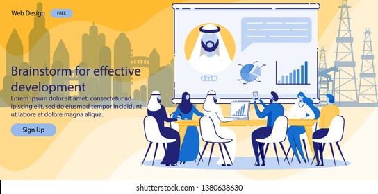 Flat Banner Brainstorm for Effective Development. Meeting Representatives Arab Countries and Europeans. People Sit at Table and Discuss Jointly Solving Business Issues. Vector Illustration.