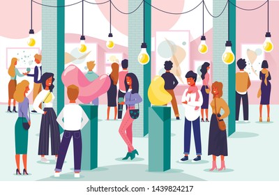 Flat Banner Buffet In Exhibition Hall Cartoon. People Attend Exhibition Contemporary Art. Art Gallery In Style Loft. Men And Women Discuss Art And Keep Drinks. Vector Illustration.