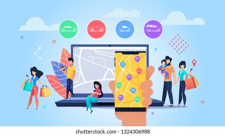 Flat Banner Car Rental Order Application Online. Vector Illustration on Blue Background. Happy Young People Choose  Car Model on Internet. Smartphone and Laptop with Interactive Map Application.