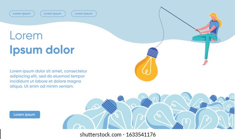 Flat Banner Catch Fishing Rod Concept Bright Idea. In Foreground are Extinct Light Bulbs. Woman Sits above with Fishing Rod and Catches Luminous Large Light Bulb. Successful Catching Ideas.