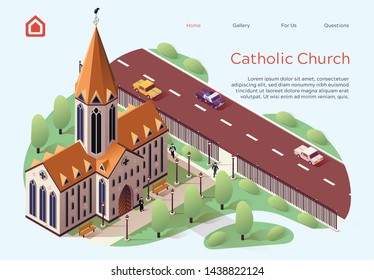 Flat Banner Catholic Church Lettering Cartoon. Religious Building for Ceremonies within City. High-rise Building Church for Catholics.  Territory Church is Fenced. Vector Illustration.