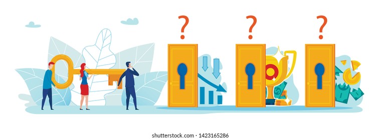 Flat Banner Choice Direction Movement to Target. Poster Men and Women are Standing in front Two Doors and Think about Which Door to Open with Key. People Hold Big Key. Vector Illustration.