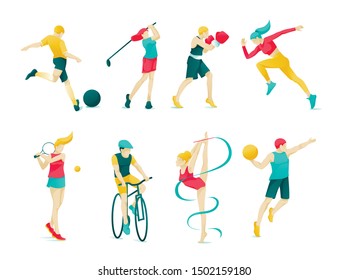 Flat Banner Collection Sports Character People. Set Active Leisure: Tennis, Football, Gymnastics, Golf, Jogging, Biking, Handball. Boys and Girls do Different Sports. Vector Illustration.