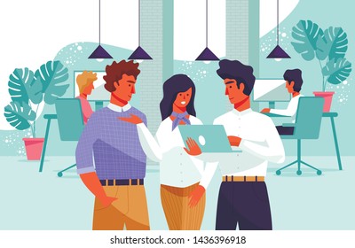 Flat Banner Community Young People in Workplace. People Discuss Work Issues in Office. Happy Men Talk to Woman and Laugh. Discussion in Workplace Positive Way. Vector Illustration.