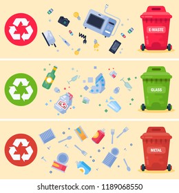 Flat banner with containers for garbage and trash. Plastic containers for different trashes. Recycling garbage elements. Vector flat illustration.