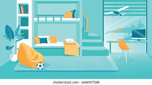 Pancarta plana con decoración creativa, habitación infantil, Slide. En la habitación de los niños hay una cama de maletero con cama. Mesa con campanario con ventanilla panorámica con vista a la hermosa naturaleza. Ilustración vectorial.