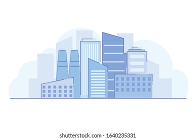 Flat Banner, Desert Landscape Big City, Slide. Close-up Building and Construction Large Factory on White Background. In Center are Blue Buildings Large Enterprise. Vector Illustration.