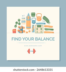 Flat banner design with gym equipment for workout and fitness. Sport tools such as dumbbell, kettlebell, and weight reflect healthy lifestyle. Colorful background suitable for wellness themes fitness