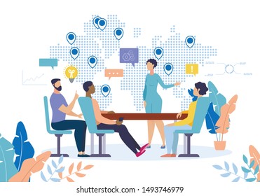 Flat Banner Development Relationships at Work. Lounge for Eating. Woman Holds Presentation Project, Showing Coverage Areas on Map. People Listen to Speaker Cartoon. Vector Illustration.