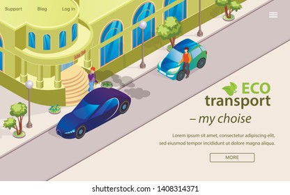 Flat Banner Eco Transport My Choise Cartoon. Electric Vehicles Environmentally Friendly Transport. Clean Air on Streets Metropolis. Male Driver is Standing near Parked Electric Car.