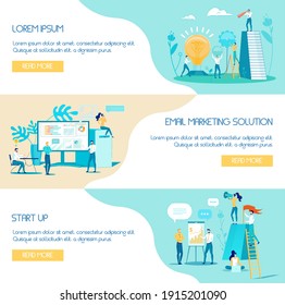 Flat Banner Email Marketing Solution, Start Up. Set Man in Suit makes Presentation Using Graph and Chart. Guy Stands on Stairs with Flag. Girl Stands on Hill and Speaks into Loudspeaker.