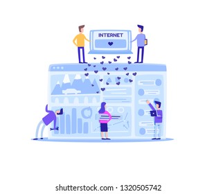 Flat Banner Everyday Inner Side Social Networks. Vector Illustration Big Computer Skreen on White Background. Young Boys and Girls are Working to Improve Website and Get Likes Users.