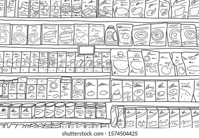 Flat Banner Extensive Supermarket Shelf, Cartoon. Sketch Full Shelves With Products Arranged In Mall. Grocery Row In Store. Vector Illustration. Wide Selection Pastries In Hypermarket.