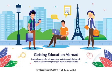 Flat Banner Getting Education Abroad, Cartoon. Guy is Sitting with Laptop his Hands on Sidewalk against Backdrop Cultural Landmark. Guy and Girl with Suitcases are Standing on Street.