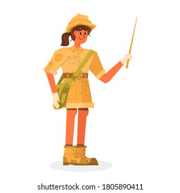 Flat banner girl historian holding a wooden pointer. An employee of the archaeological museum conducts a tour