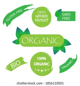 Flat banner with green gluten free organic bio. Vegan vector icon. Symbol, sign, logo, emblem. Stock image.