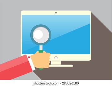 Flat banner of hand holding a magnifying glass, computer and icons. Search services illustration. vector. internet security concepts and icons in flat style.antivirus