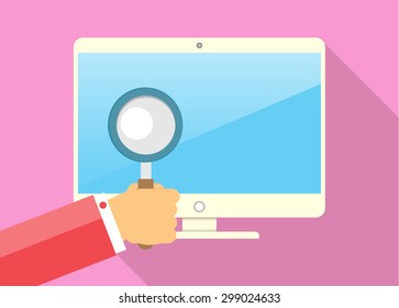 Flat banner of hand holding a magnifying glass, computer and icons. Search services illustration. vector. internet security concepts and icons in flat style.antivirus