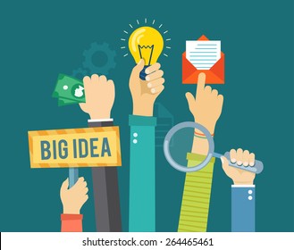 Flat banner with hands holding magnifying glass, bulb, money, envelope and sign. Developing and marketing illustration.  Eps10