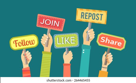 Flat banner of hands holding signs with social actions. Eps10