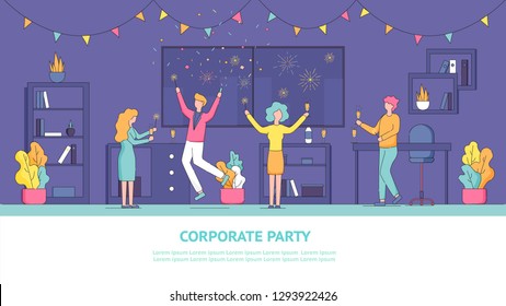 Flat Banner Illustration Corporate Party Employee. Group Man, Woman Celebrate Holiday In Interior Company Office. Firework Outside Window. Party After Working Hours. Drinking Champagne. Decorated Room