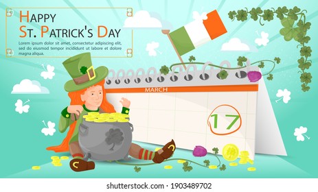 Flat banner illustration for decoration designs, on the theme of the St. Patricks Day holiday, A girl holding a pot with a gold coin between her legs, on the background of a calendar with a date